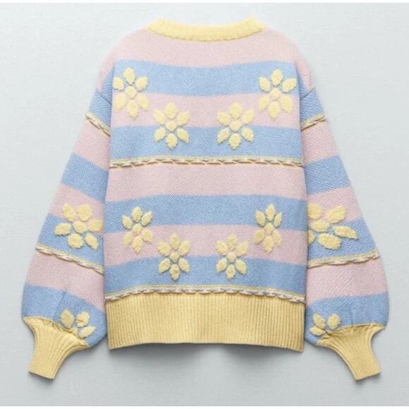 (S) Zara Pastel Colors Floral Jacquard Cozy Knit Button Front Cardigan Sweater - Picture 15 of 15